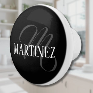 Bouton De Porte En Céramique Nom Personnalisé Black Elegant Nom