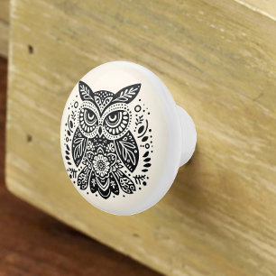Bouton De Porte En Céramique Nordic Folk Art Grumpy Owl Ivory Black