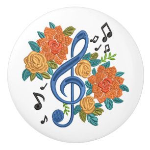 Bouton De Porte En Céramique Notes de musique Clé de musique Floral Orange Bleu