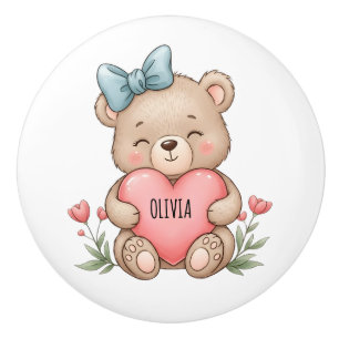 Bouton De Porte En Céramique Nounours ours en peluche tenant un cœur rose