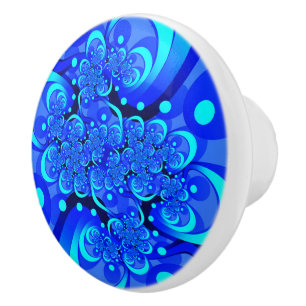 Bouton De Porte En Céramique Nuances de bleu Art fractal abstrait moderne