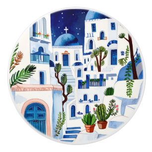 Bouton De Porte En Céramique Nuit Santorin Grèce Aquarelle Bleu Blanc Grec