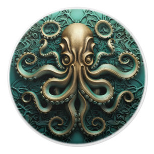 Bouton De Porte En Céramique Octopus Turquoise et cuivre Vie aquatique