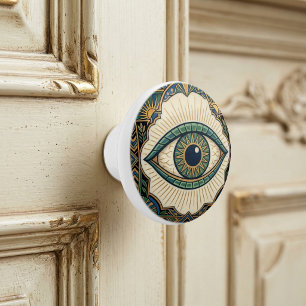 Bouton De Porte En Céramique Œil Art Déco Anatomique Vert Bleu Or