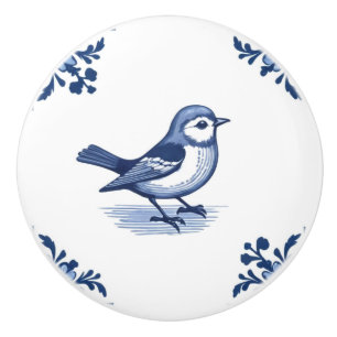 Bouton De Porte En Céramique Oiseau aux coins floraux bleu et blanc