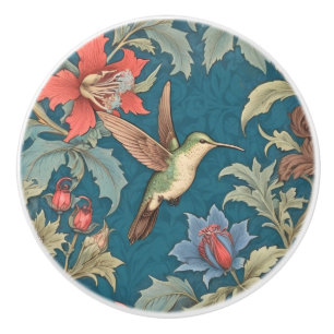 Bouton De Porte En Céramique Oiseau de colibri vert William Morris style droit