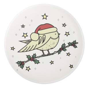 Bouton De Porte En Céramique Oiseau d'hiver avec casquette Père Noël