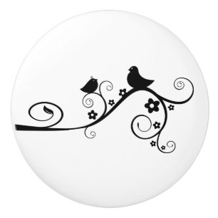Bouton De Porte En Céramique Oiseau noir et blanc sur la branche Whimsical