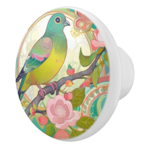 Bouton De Porte En Céramique Oiseau rose Pigeon vert Fleurs de printemps floral