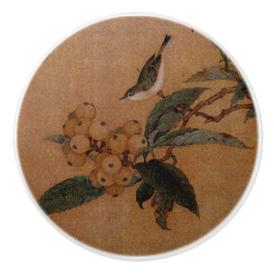 Bouton De Porte En Céramique Oiseau Silvereye avec fruit de néflier du Japon ar