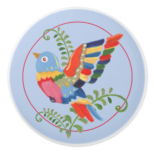 Bouton De Porte En Céramique Oiseau Whimsical Coloré Folk Rustique Retro Bleu