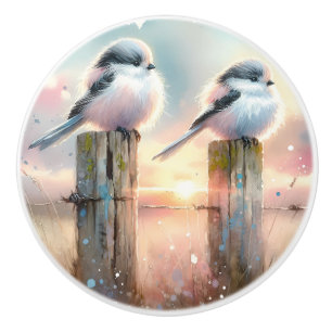 Bouton De Porte En Céramique Oiseaux à l'aquarelle pastel sur une clôture au co