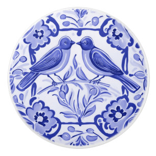 Bouton De Porte En Céramique Oiseaux bleus et blancs Bleus folk floral
