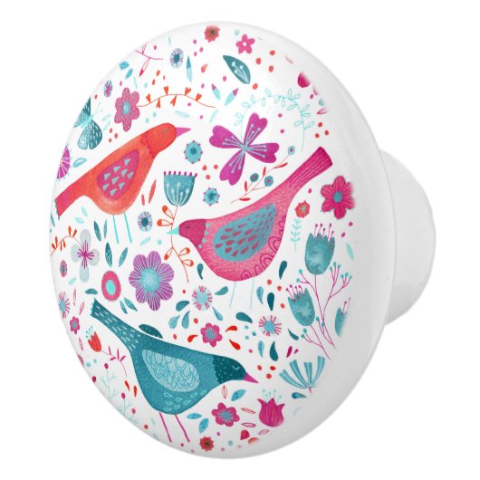 Bouton De Porte En Céramique Oiseaux dans un jardin Boho Aquarelle moderne (Droite)