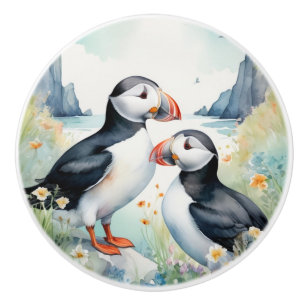 Bouton De Porte En Céramique Oiseaux de Puffin sur la côte avec des fleurs d'aq