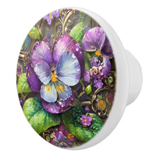 Bouton De Porte En Céramique Oiseaux en fleurs Pied violets Fleur sauvage Oeuf 