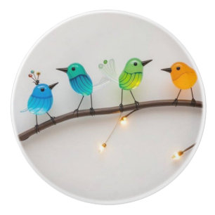 Bouton De Porte En Céramique Oiseaux en verre mignons sur une branche
