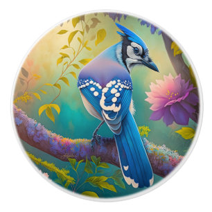Bouton De Porte En Céramique Oiseaux Fantastiques Geai Bleu