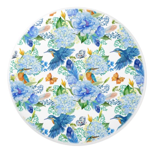 Bouton De Porte En Céramique Oiseaux Humides Et Hydrangée Bleue (Devant)