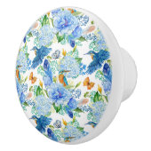 Bouton De Porte En Céramique Oiseaux Humides Et Hydrangée Bleue (Droite)