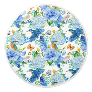 Bouton De Porte En Céramique Oiseaux-mouches et Hydrangea Bleu
