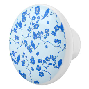 Bouton De Porte En Céramique Oiseaux sur fleurs de cerisier bleu sur bleu