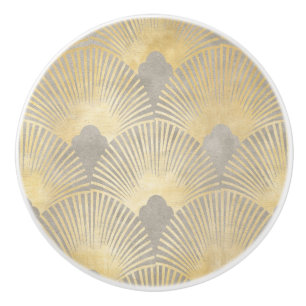 Bouton De Porte En Céramique Or beige, ventilateur motif, Art Déco, motif vinta