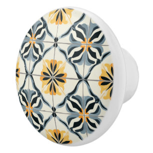 Bouton De Porte En Céramique Or bleu et motif blanc cassé
