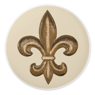 Bouton De Porte En Céramique Or Fleur de Lis & Taupe