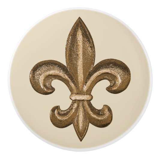 Bouton De Porte En Céramique Or Fleur de Lis & Taupe (Devant)