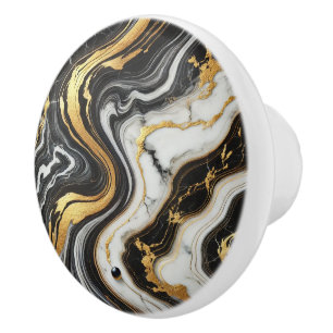 Bouton De Porte En Céramique Or liquide aspect marbre noir et blanc Glam