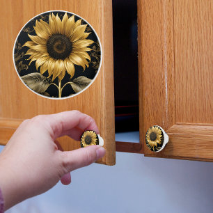 Bouton De Porte En Céramique Or sur tournesol géant noir