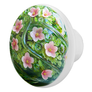 Bouton De Porte En Céramique Orbe de verre élégant Fleurs roses Verdure