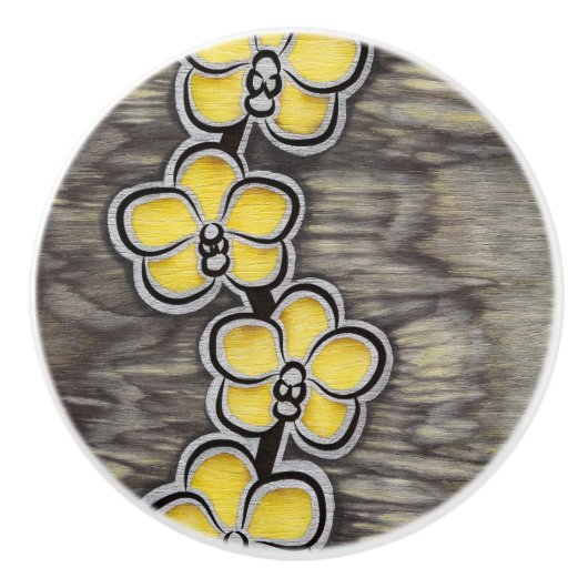 Bouton De Porte En Céramique Orchidée grise jaune (Devant)