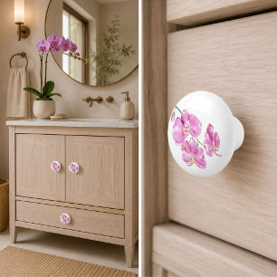 Bouton De Porte En Céramique Orchidées roses à l'aquarelle