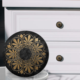 Bouton De Porte En Céramique Ornement clé grecque - Noir et Or