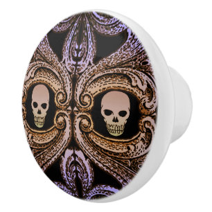 Bouton De Porte En Céramique Ornement et crâne violet Goth