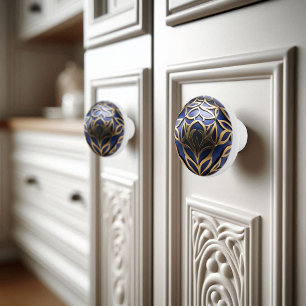 Bouton De Porte En Céramique Ornemental Floral or Marine Bleu Orb