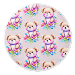 Bouton De Porte En Céramique Ours en peluche aquarelle pastel