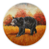 Bouton De Porte En Céramique Ours noir en forêt d'automne (Devant)