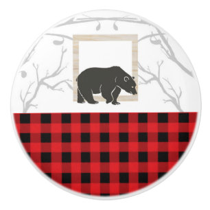 Bouton De Porte En Céramique Ours rustique et bois de campagne à carreaux rouge