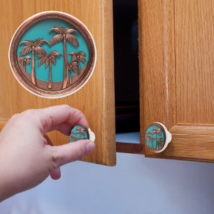 Bouton De Porte En Céramique Palmier en cuivre et turquoise