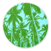 Bouton De Porte En Céramique Palmiers Motif en vert et bleu. (Devant)
