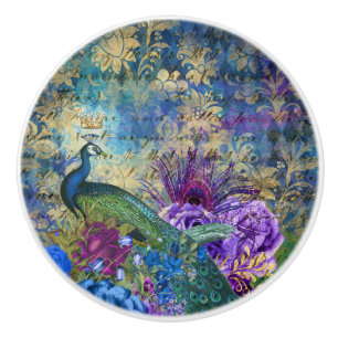 Bouton De Porte En Céramique Paon arc-en-ciel bleu violet coloré