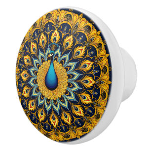 Bouton De Porte En Céramique Paon décoratif sur fond blanc