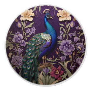 Bouton De Porte En Céramique Paon Élégant sur Fond Violet Inspiré de William Mo