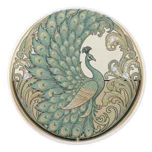 Bouton De Porte En Céramique Paon Oiseau Sage Vert & Or Art Déco Nouveau