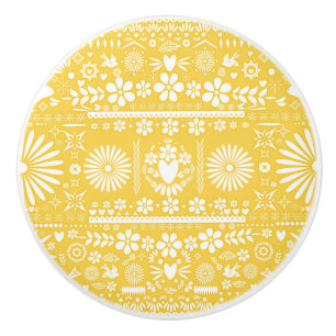 Bouton De Porte En Céramique Papier Picado Jaune Coupé Mexicain Papier Espagnol