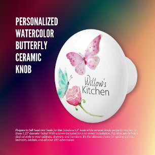 Bouton De Porte En Céramique Papillon aquarelle personnalisé