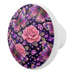 Bouton De Porte En Céramique Papillon Bijou Élégant Rose Rose Glamour